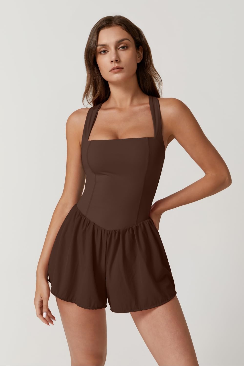 QINSEN Women's Square Neck Sleeveless Romper Jumpsuit Casual Summer One Piece Outfit with Pocket