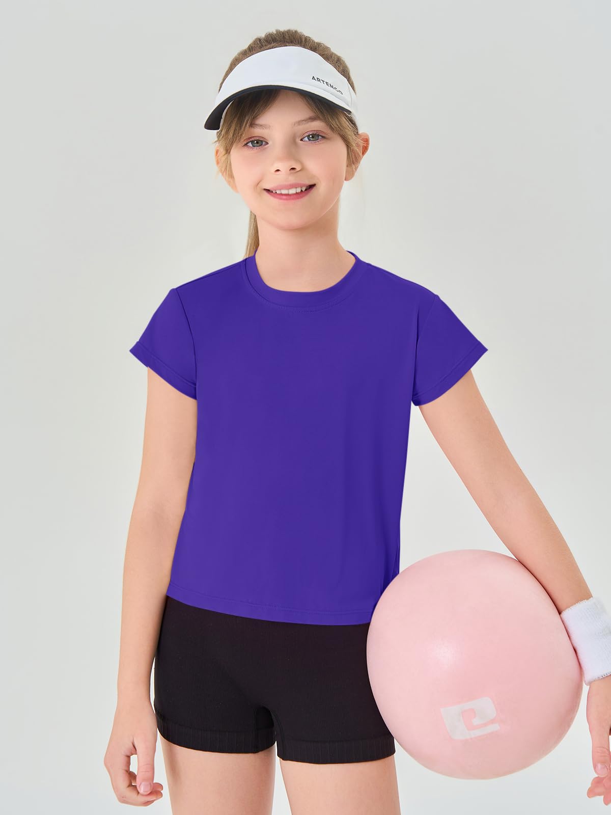 Haloumoning Girls Loose Athletic Shirts Short Sleeve Crop Tops Kids Quick Dry Gym Yoga Tees 5-14 Years