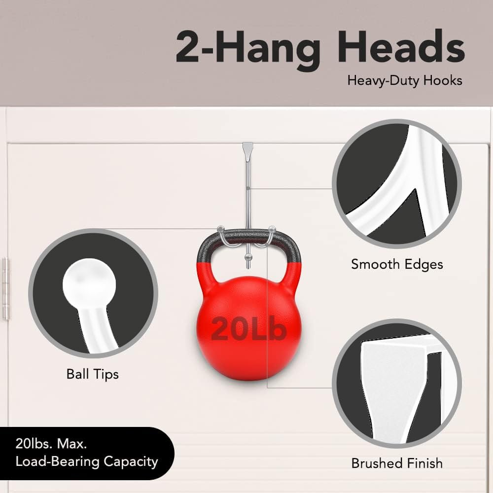 2-Pack Over The Door Hooks - with 2 Hang Heads & Snug Fit Pads Heavy Duty Hook for Hanging Coats, Towels, Caps & Robes - Elegant Matt Finish - No Drill Hanger Organizer - Black