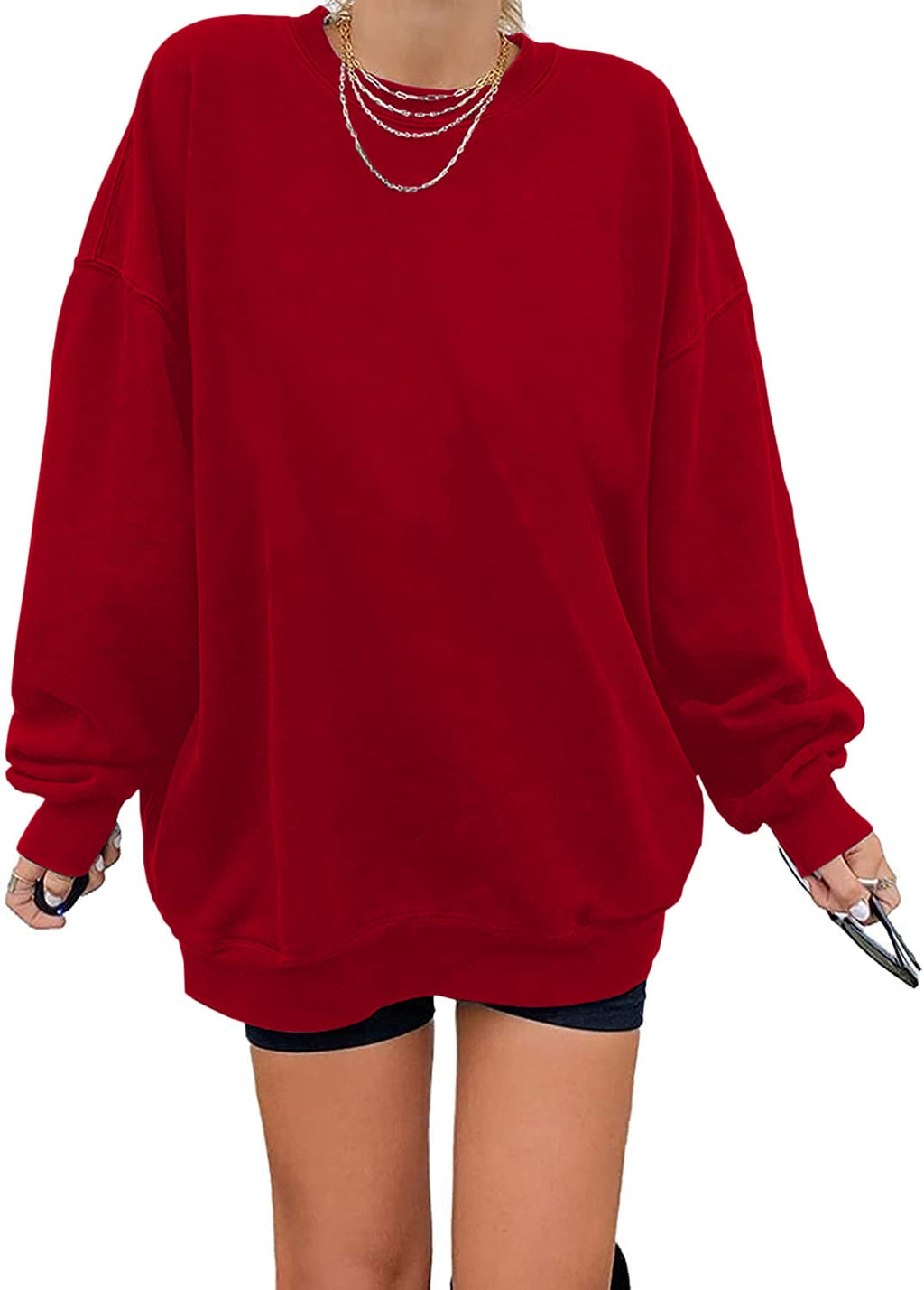 Ebifin Women's Oversized Long Sleeve Sweatshirts Pure Color Round Neck Casual Pullover Shirt