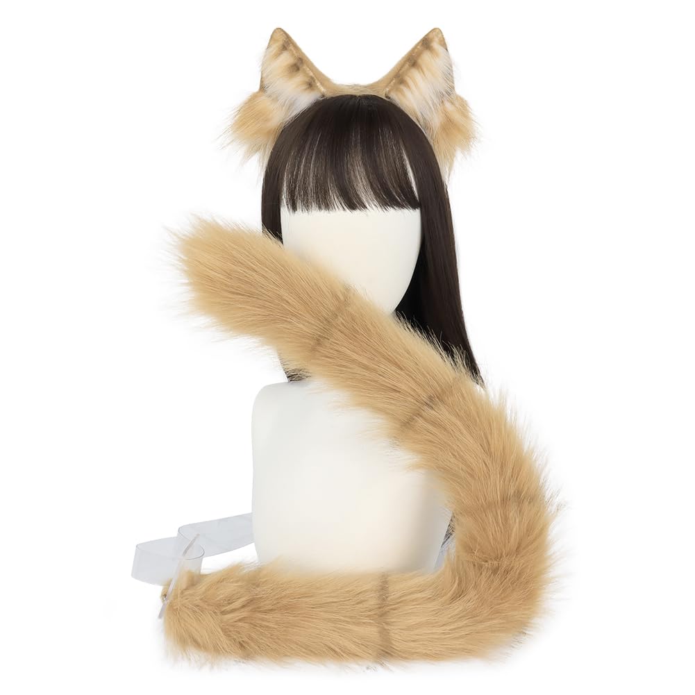 QinRuan Animal Cosplay Costume Accessories Furry Faux Fur Cat Ears Headband and Fox Tail Set Halloween Accessory