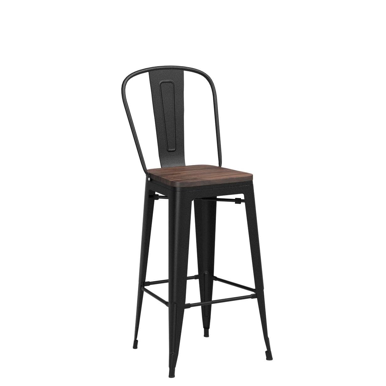 Barstools Set of 4 Counter Height Bar Stools for Kitchen Island Farmhouse Metal High Back Bar Chairs Wooden Seat 24" Matte Black