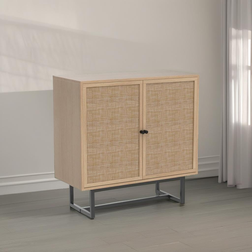 Nathan James Kova Rattan Wood Accent Sideboard Storage Cabinet with Matte Metal Frame, Adjustable Interior Shelves and Cane Doors, for Hallway, Entryway or Living Room, Black Oak/Cane