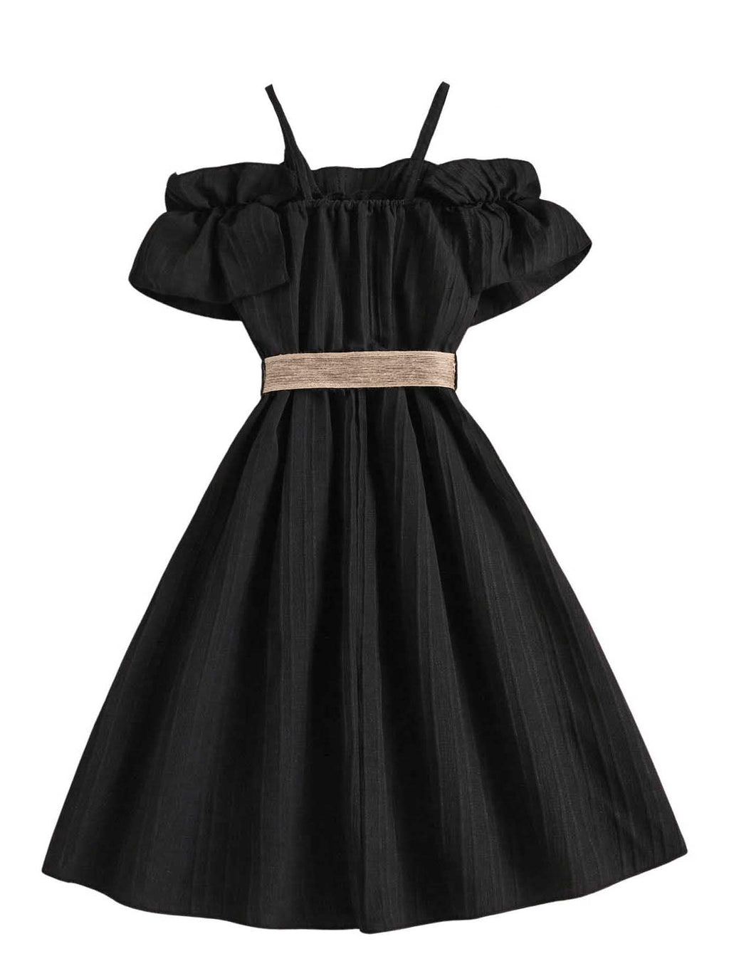 Floerns Girls Cold Shoulder Ruffle Trim Short Sleeve Belted A Line Midi Dress