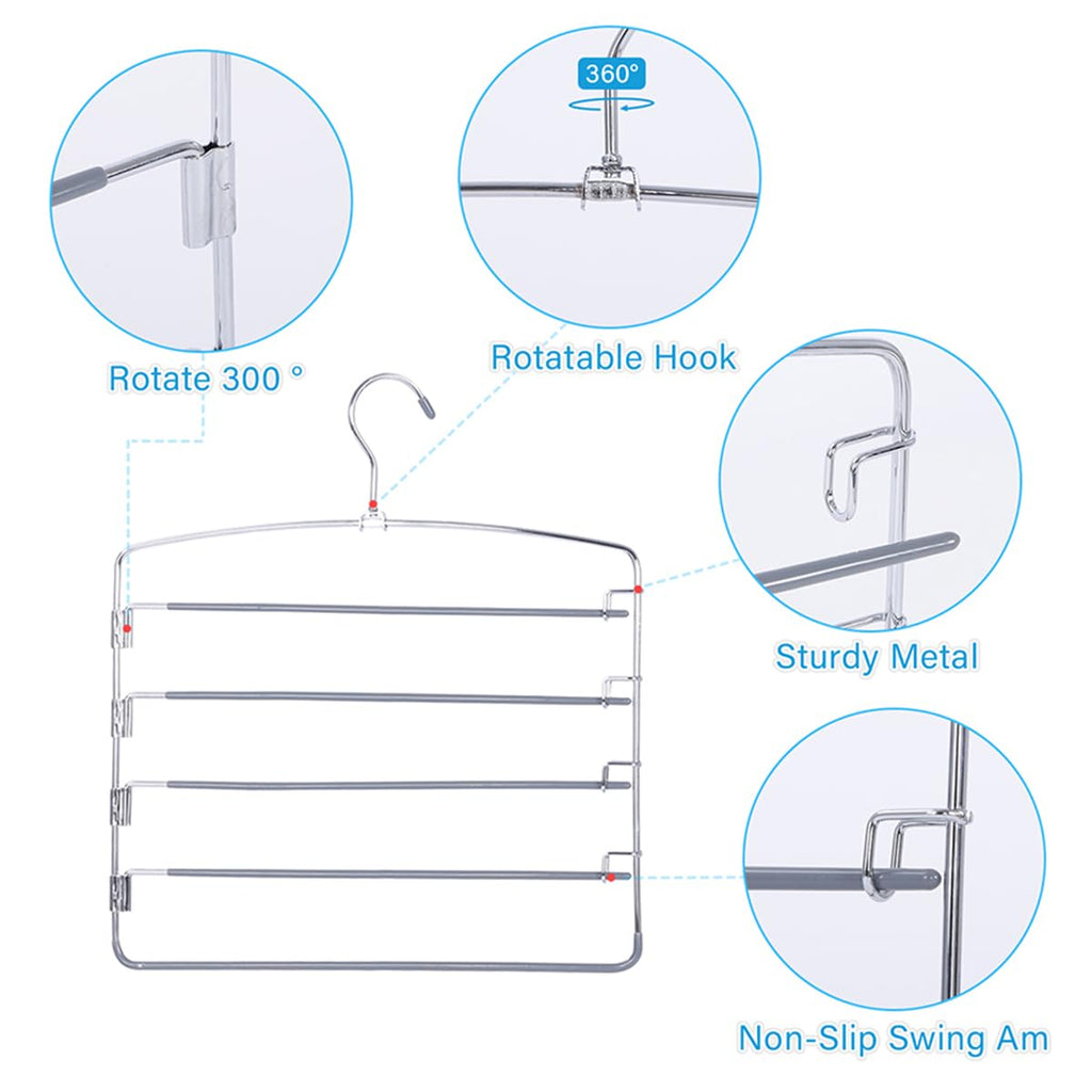 FeeraHozer Pants Hangers Non Slip 3 Pack Space Saving Hangers Multi-Layer Swing Arm Pants Hanger Stainless Steel Space Saver Hanger Closet Storage Organizer for Jeans Trouser Slacks Clothes (Black)