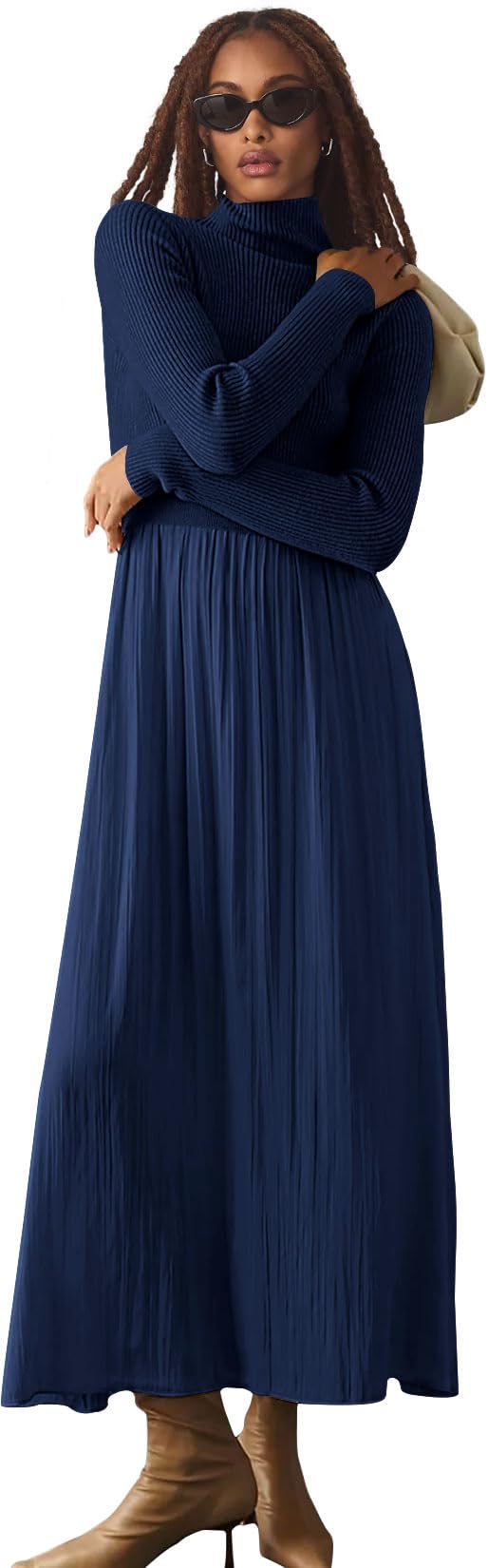 Womens Fall Mock Turtleneck Long Sleeve Ribbed Knit Pullover Tops Fashion Long Maxi Dress