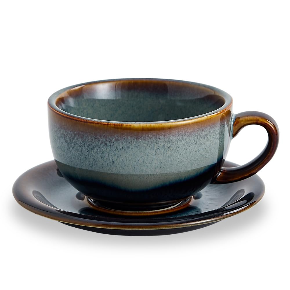 Coffeezone Vintage Design 12 oz Ceramic Latte Art Cappuccino Barista Cup with Saucer (Beige)