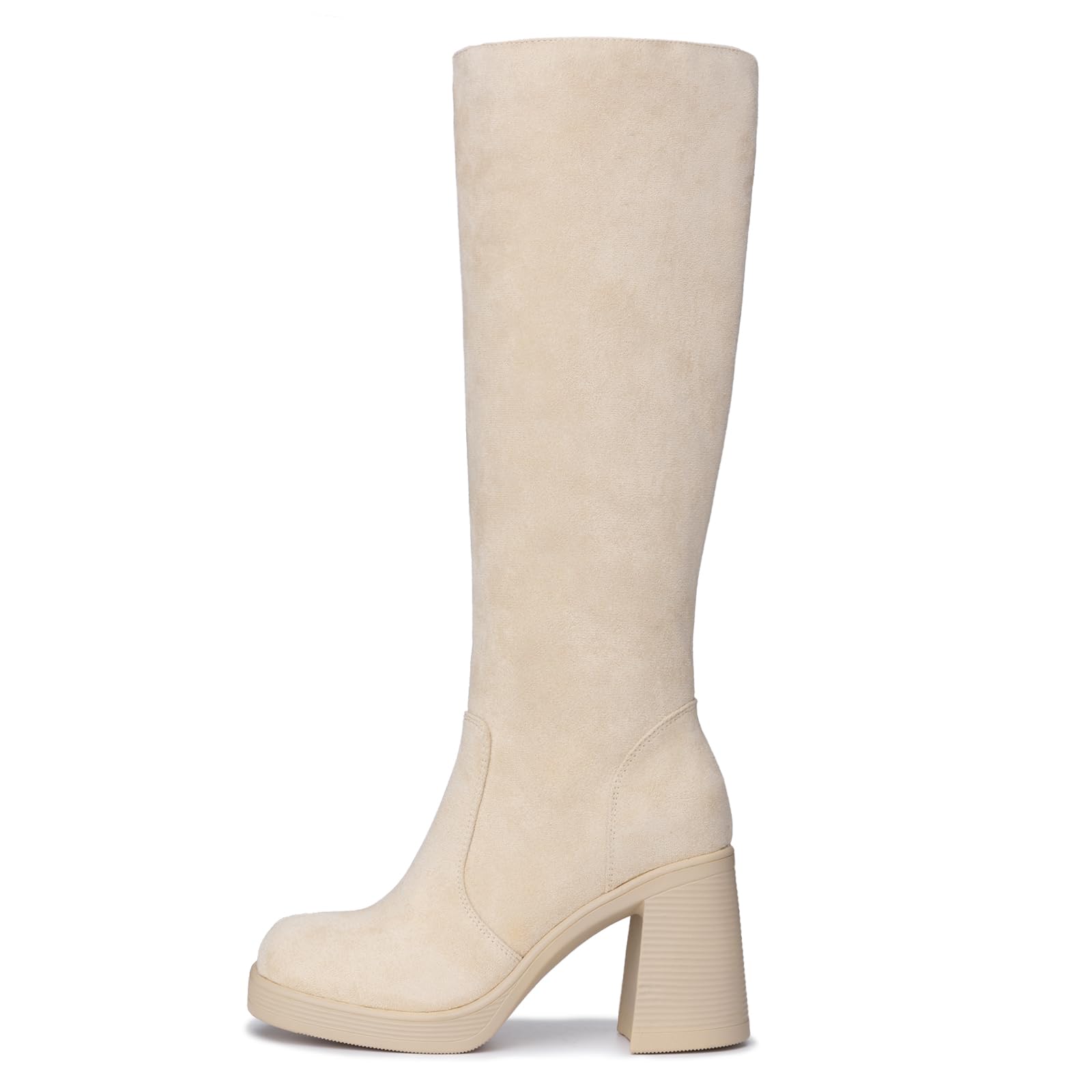 Athlefit Black Knee High Boots for Women Platform Tall Boots Fashion Square Toe Chunky Heeled Booties