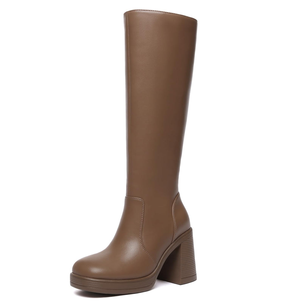 Athlefit Black Knee High Boots for Women Platform Tall Boots Fashion Square Toe Chunky Heeled Booties