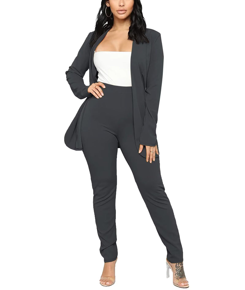 Aro Lora Women's 2 Piece Outfit Casual Solid Open Front Blazer and Pencil Pant Suits Set