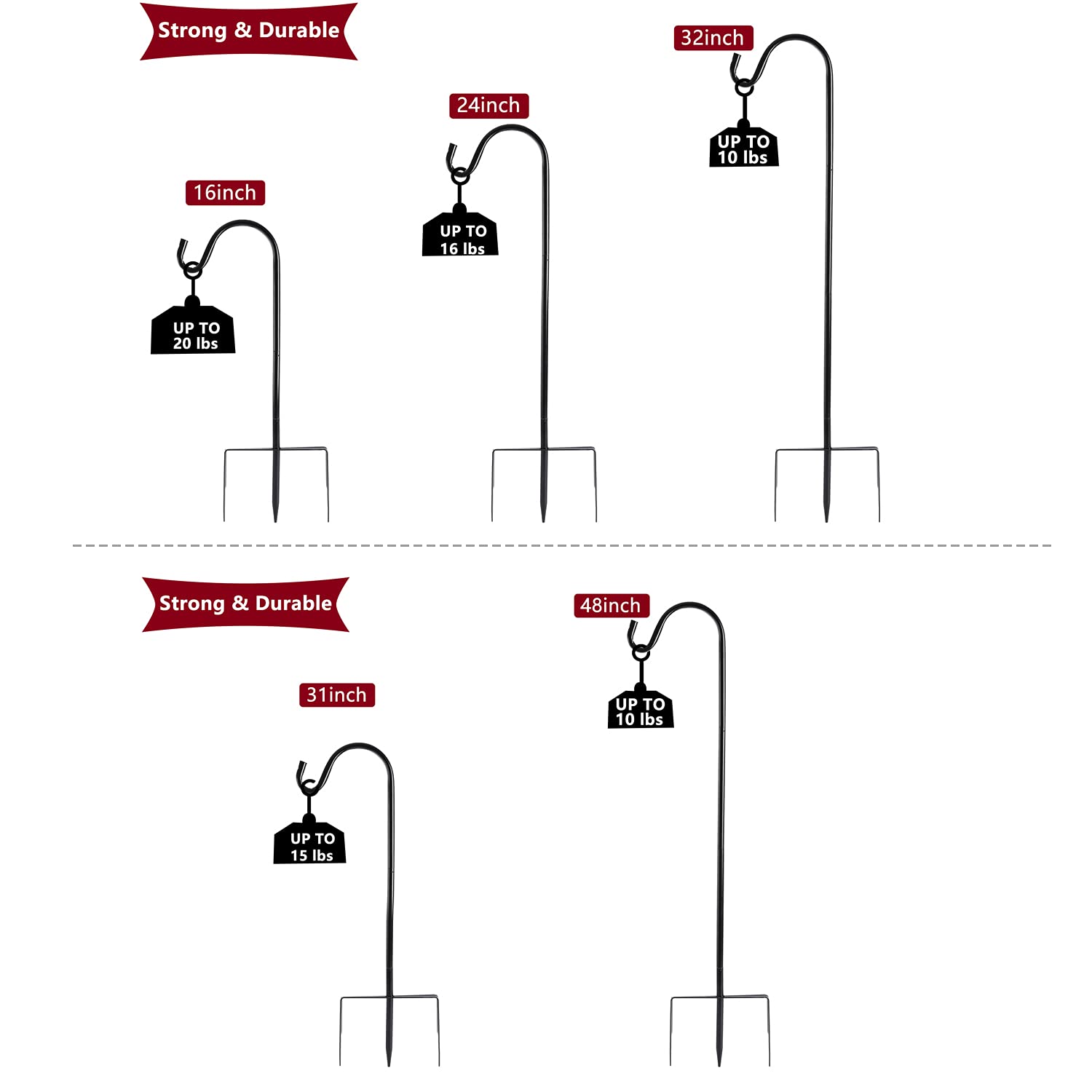 EXCMARK Shepherd Hook Adjustable Height 32/24/16’’ 1/2 inch Thick Use at Weddings, Hanging Solar Lights, Lanterns, Bird Feeders, Metal Hanger Hook (Black,32inch). U.S. Patent.