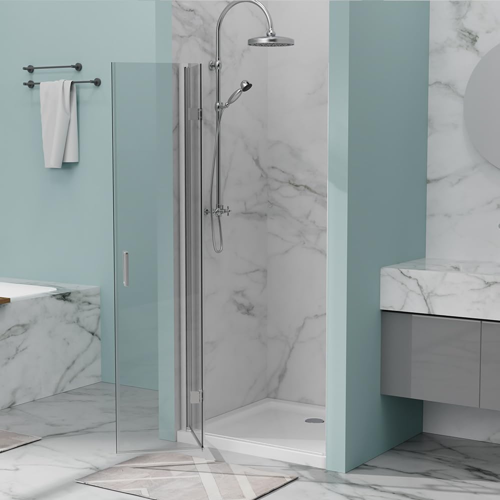 28” x 72” Pivot Shower Door, 1/4 inch Tempered Glass Panel Pivot Swing Shower Door in Matte Black Finish, Semi-Frameless Design