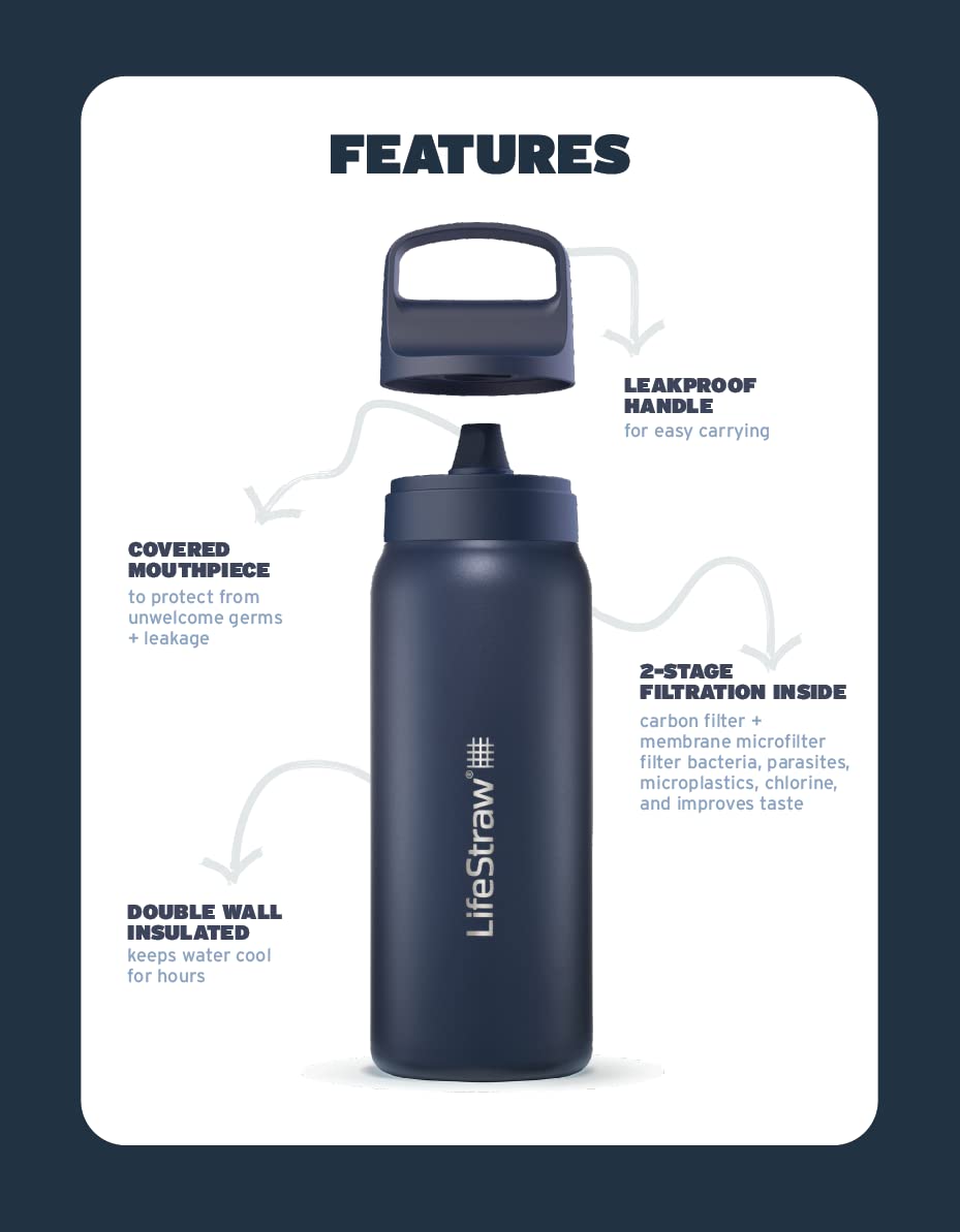 LifeStraw Go Series — Water Bottle Stainless Steel Bottle, 18oz, Aegan Sea, Removes Bacteria, Parasites, Microplastics, Improves Taste