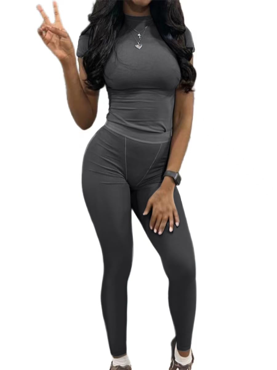 AYWA Two Piece Outfits for Women Fitted Crew Neck T-shirt High Waist Leggings Biker Shorts Matching Sets Streetwear