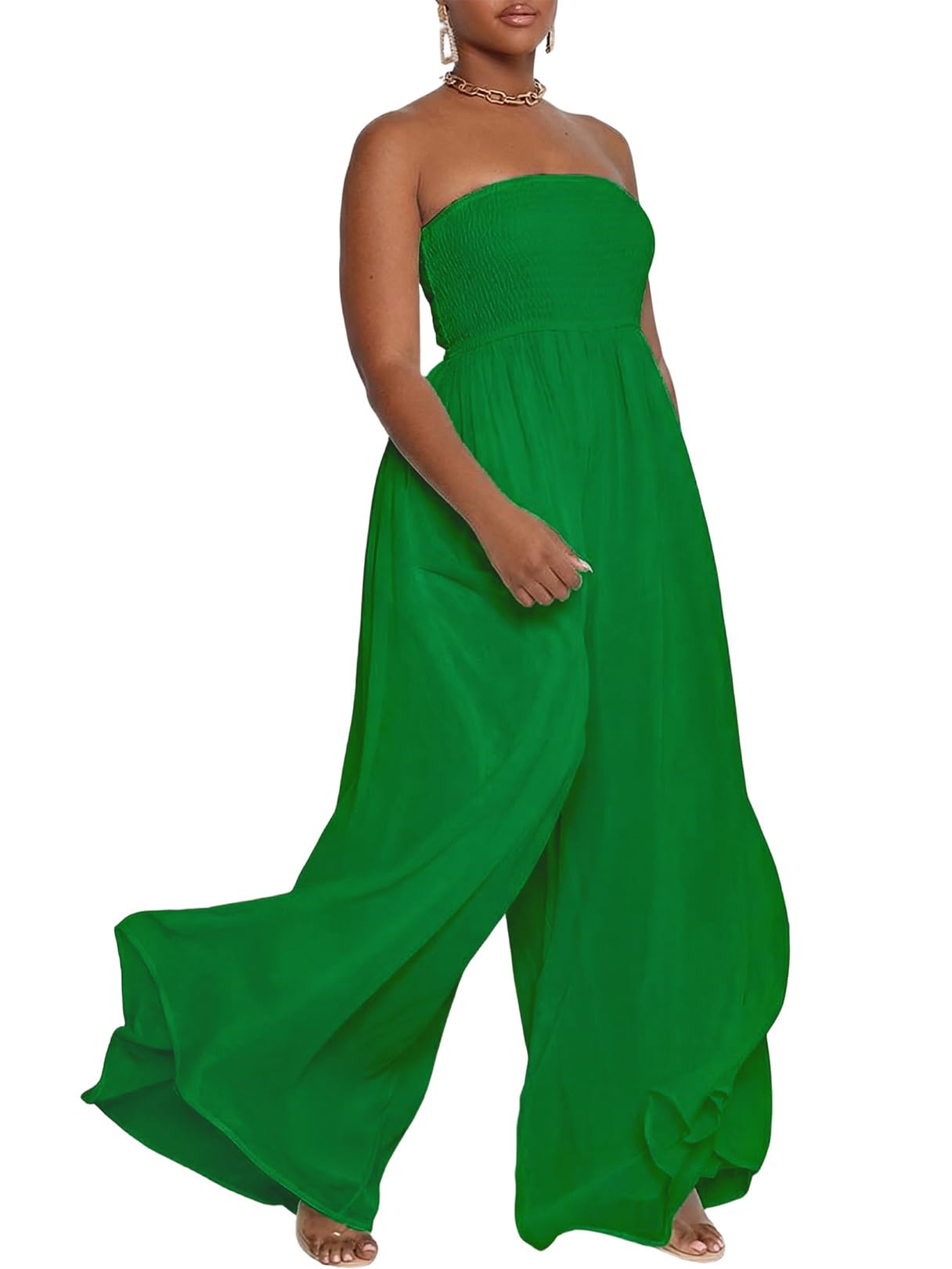 Ophestin Women's Strapless Tube Wide Leg Jumpsuits Smocked Women Jumpsuits Dressy Casual Flowy One Piece Jumpsuits Rompers