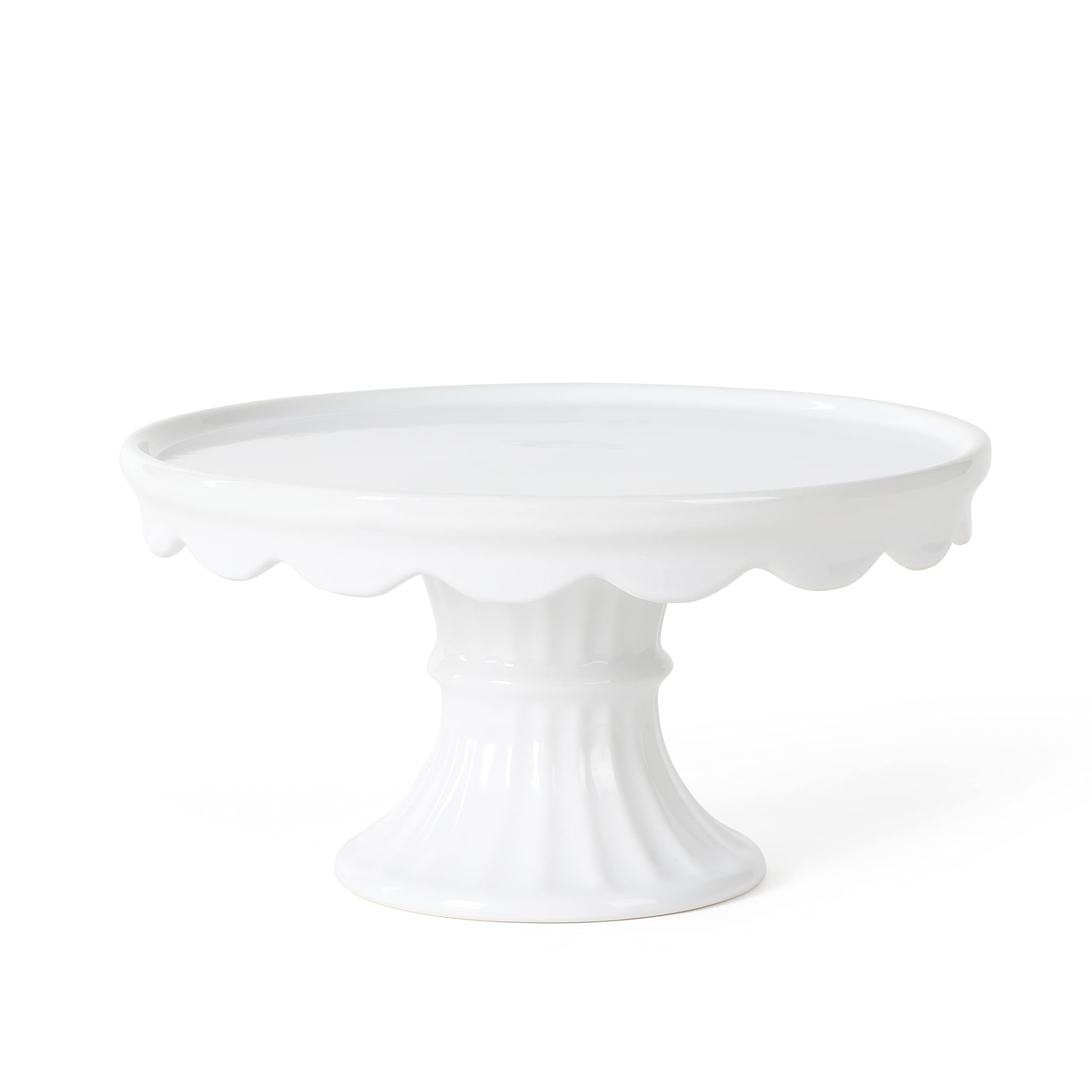 Martha Stewart Watercrest Glass Cake Stand, 10.2 Inch Footed Pedestal Cake Plate with Scalloped Ruffled Edge, Clear Handmade Glassware for Weddings, Parties, and Dessert Display
