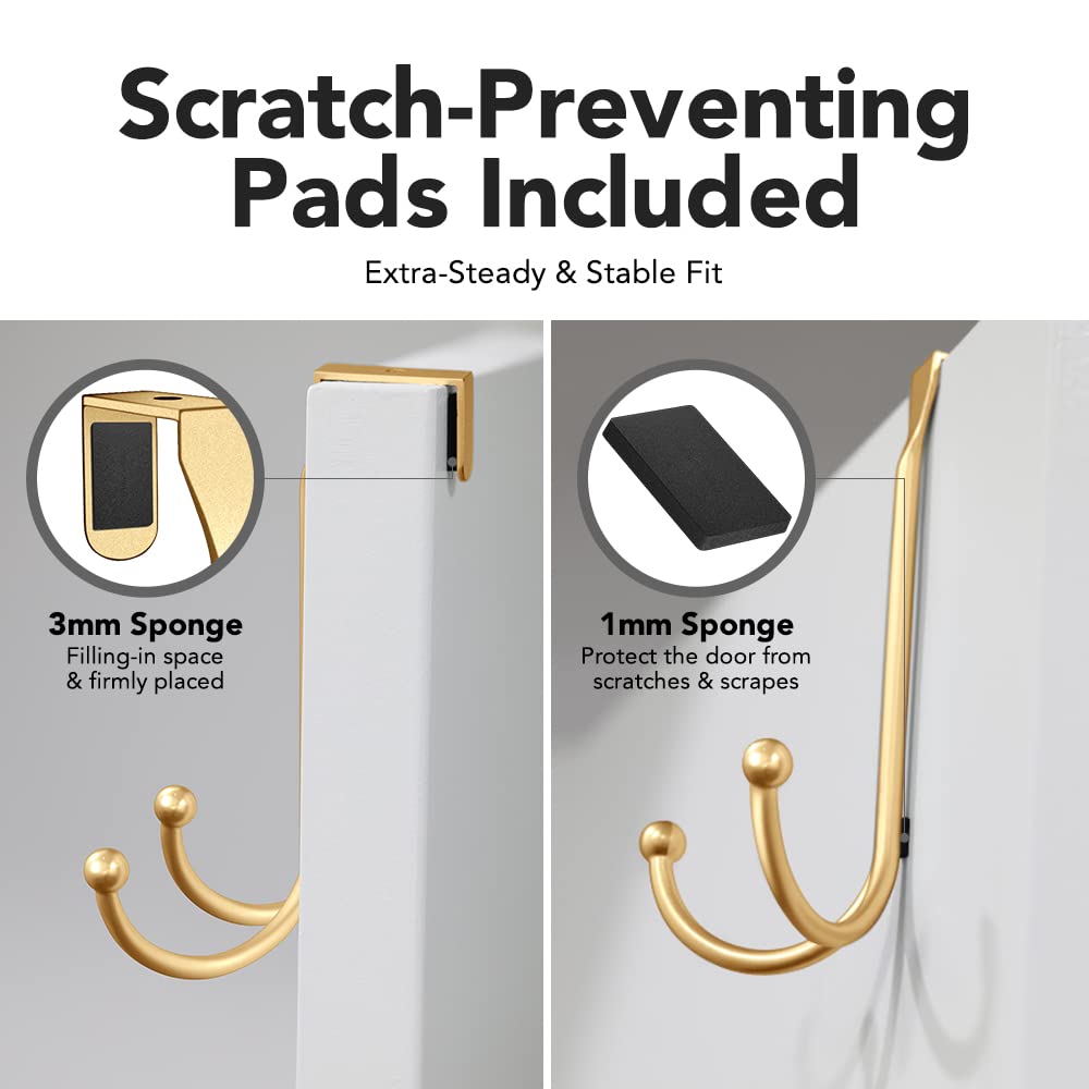 2-Pack Over The Door Hooks - with 2 Hang Heads & Snug Fit Pads Heavy Duty Hook for Hanging Coats, Towels, Caps & Robes - Elegant Matt Finish - No Drill Hanger Organizer - Black