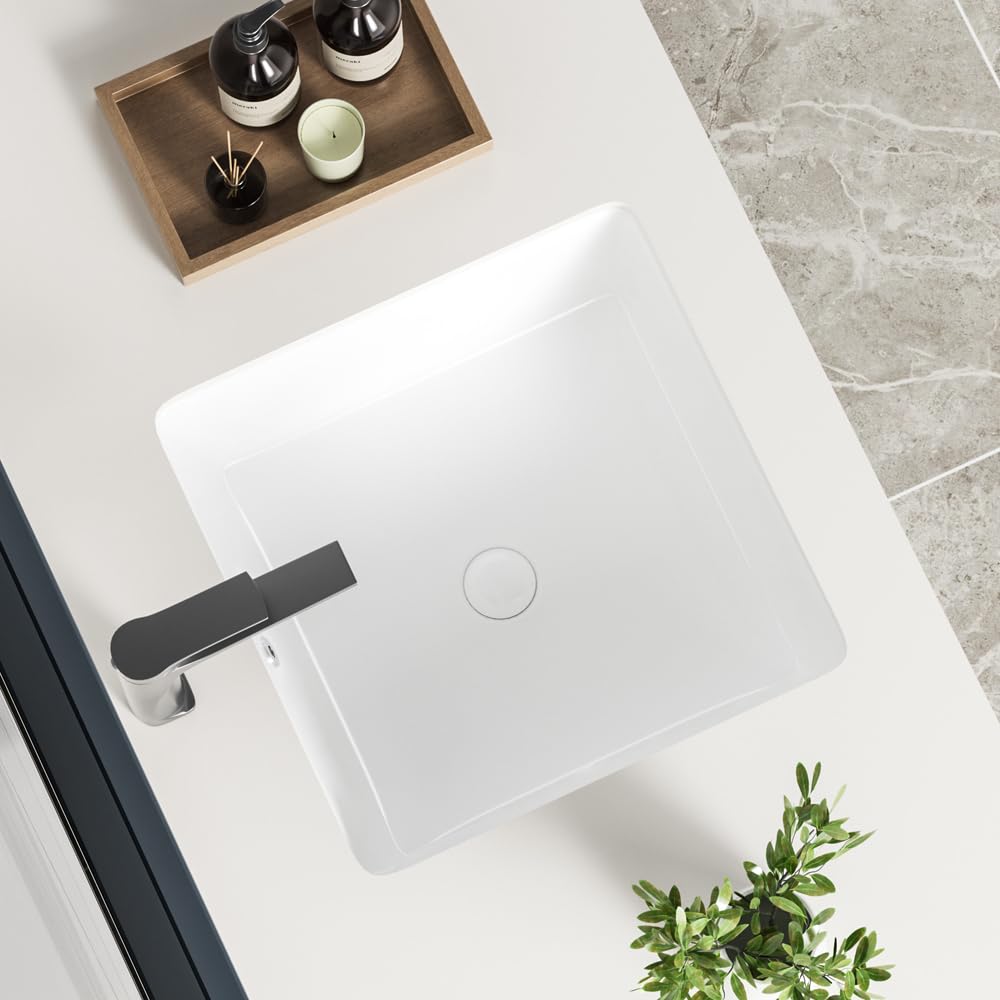 KINGWONG 14 Inch Small Square Undermount Bathroom Sink, 13.75" Ceramic White Porcelain Under Counter Basin for Vanity, Modern Rectangular Sink with Overflow Hole, Easy to Clean, Interior 11.5" x 11.5"
