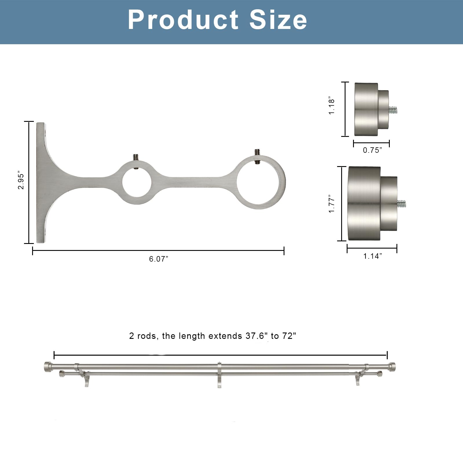 Heavy Duty Double Curtain Rods with Cylindrical Cap Finials - 36 to 72' Telescoping Rods, 1 Inch and 5/8 Inch Diameter, Light Gold