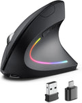 POJTK Ergonomic Wireless Rechargeable Mouse, Bluetooth+USB A+Type C(3 in 1) Connection, 5 Levels Up to 4800 DPI, 6 Silent Buttons, 2.4GHz Carpal Tunnel Vertical Mice, for Laptop, Desktop,MacBook-black