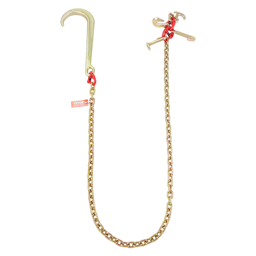 VEVOR G80 V Bridle Chain, 3/8" x 2' Towing Chain Bridle with 15" J Hooks, T Hooks & Grab Hooks, Heavy Duty Transport Tow Chain Bridle with 7800 lbs Safe Working Load for Flatbed Truck Wrecker Recovery