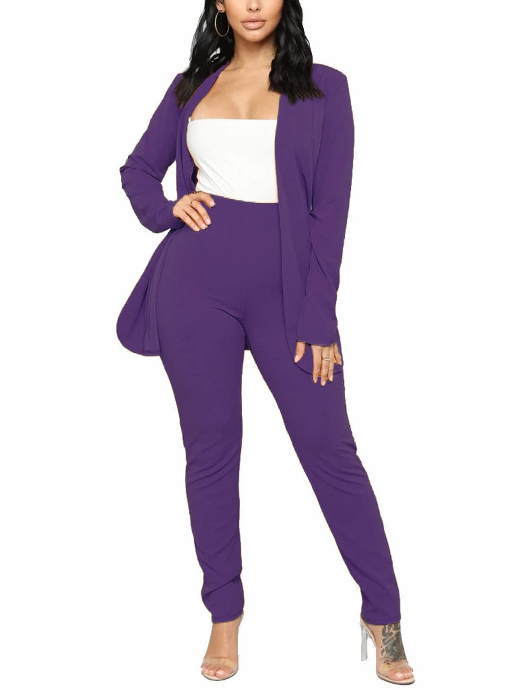 Aro Lora Women's 2 Piece Outfit Casual Solid Open Front Blazer and Pencil Pant Suits Set