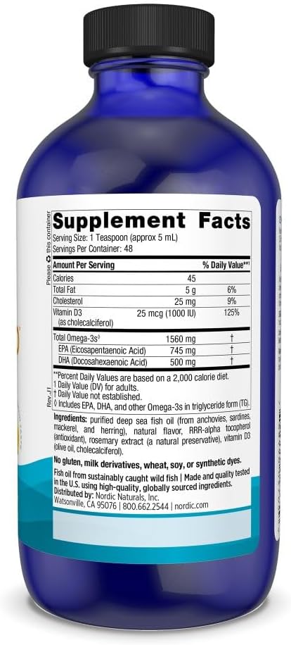 Nordic Naturals Omega-3D, Lemon Flavor - 8 oz - 1560 mg Omega-3 + 1000 IU Vitamin D3 - Fish Oil - EPA & DHA - Immune Support, Brain & Heart Health, Healthy Bones - Non-GMO - 48 Servings
