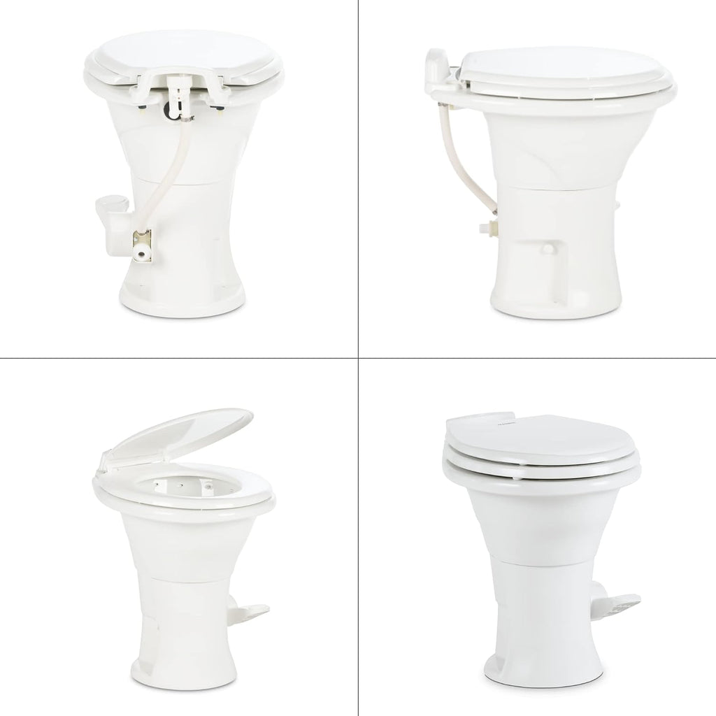 Dometic 310 Standard Toilet, White, Round Shape, Ceramic, Plastic, Wood, Lightweight with Pressure-Enhanced PowerFlush & Slow Close Seat Cover – Perfect for Modern RVs (302310081)
