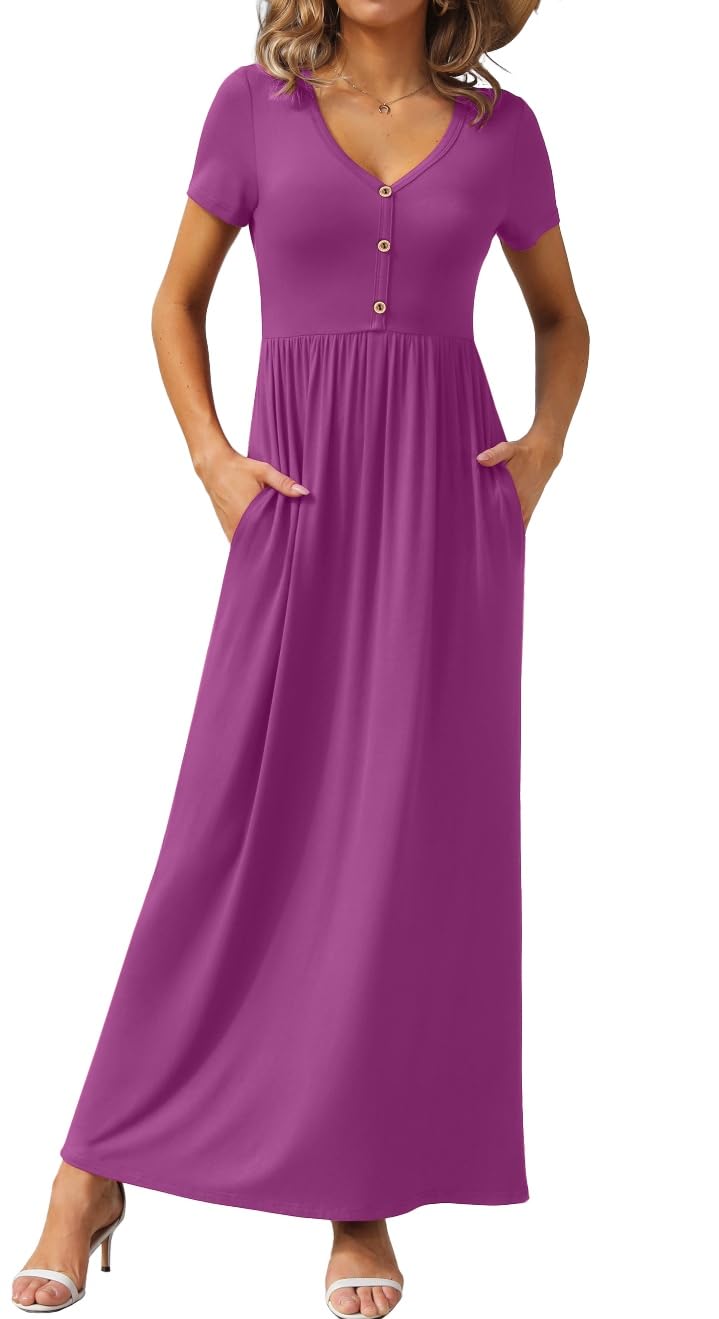 GRECERELLE Womens Summer Long Maxi Dresses 2026 Short Sleeve V Neck Casual Button Dress with Pockets