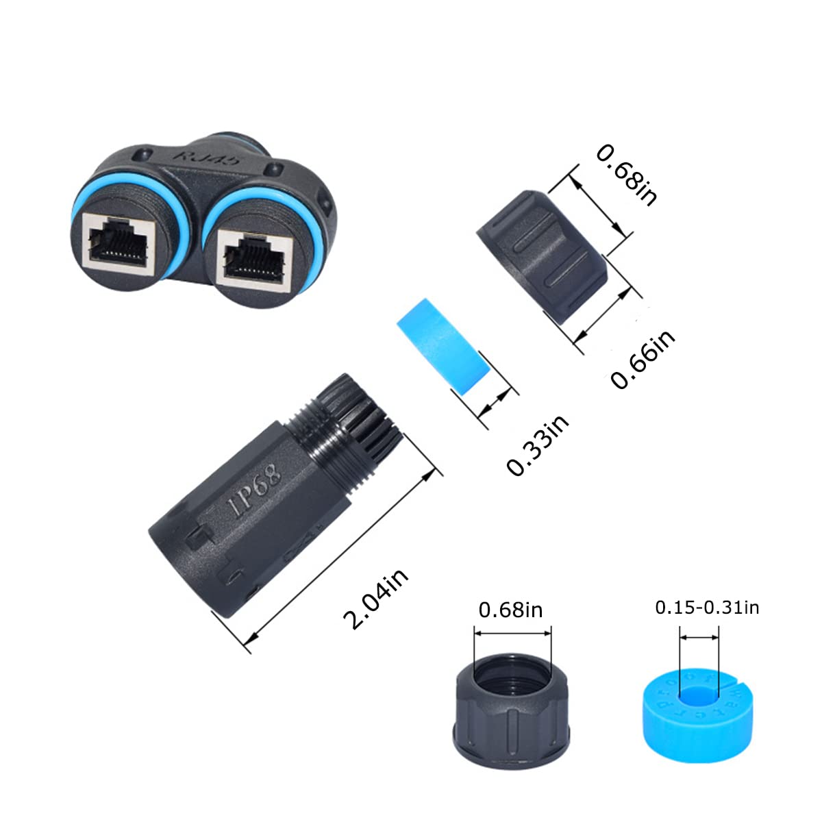 ZUZONG IP68 Waterproof RJ45 Coupler Splitter, Waterproof Ethernet Coupler 1 in 2 Out Splitter IP68 Ethernet Outdoor LAN Cable Connector for Cat5/Cat5e/Cat6/Cat7/Cat8 Ethernet Cable (1 Pair Female)