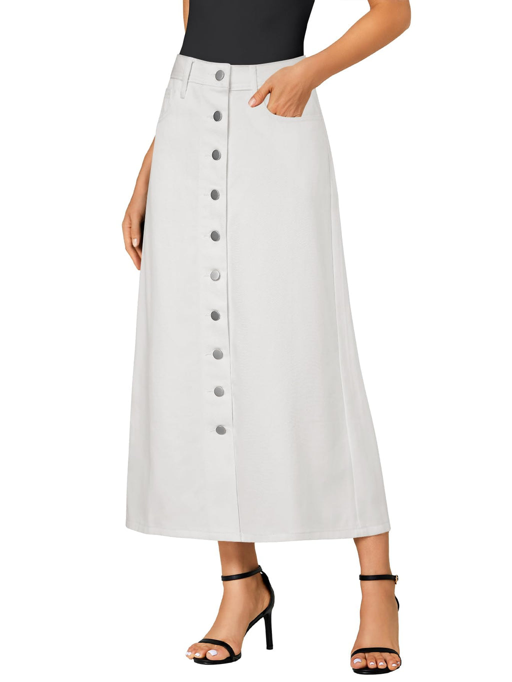 Vrtige Women's Casual Button Down High Waisted A Line Jean Midi Long Denim Skirt with Pockets