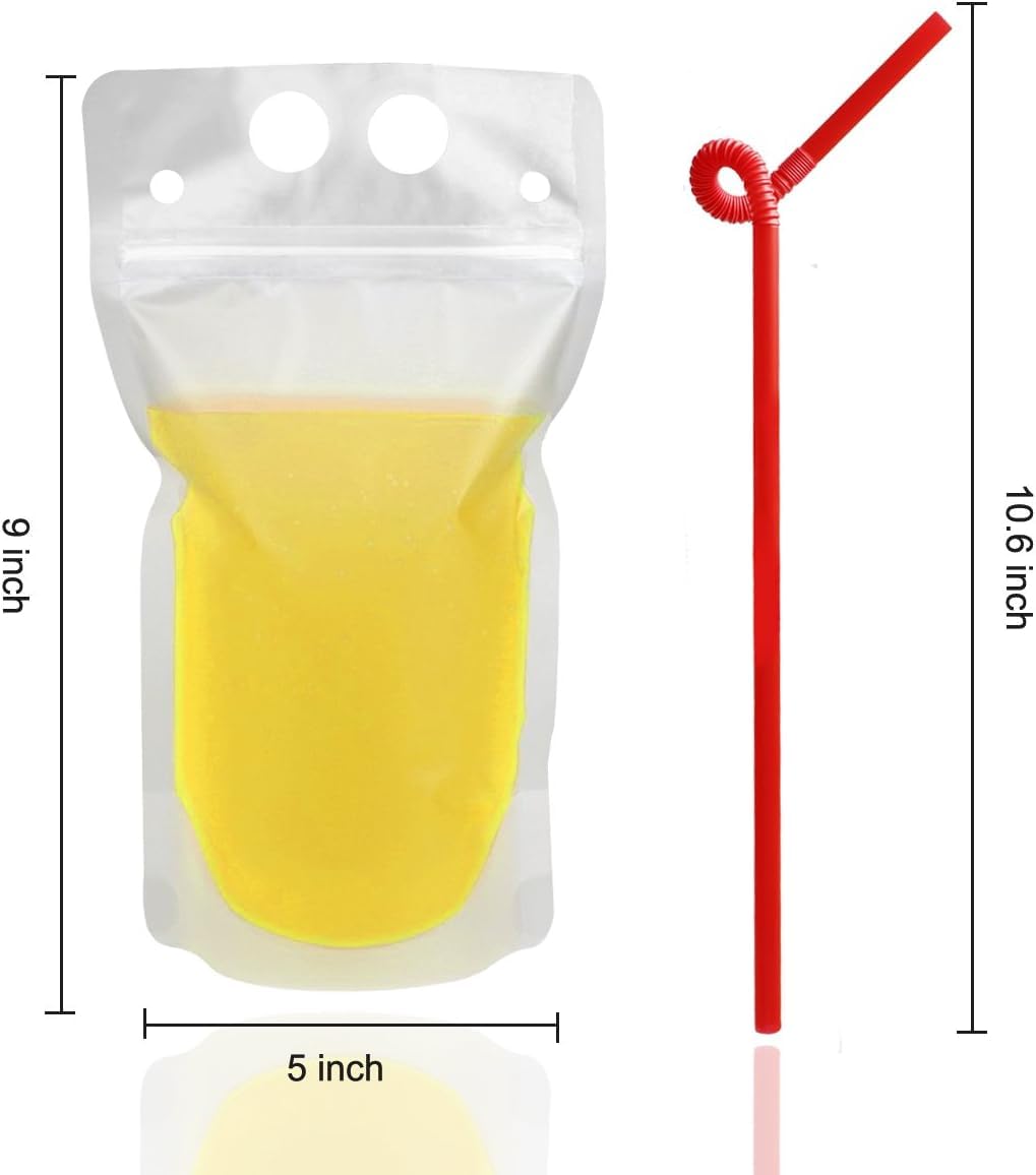 100 Pcs Drink Pouches with 100 Straw Holes, Freezable Juice Pouches, Translucent Reclosable Zipper Plastic Pouche Drink Bags for Cold & Hot Drinks for Adults and Kids World Cup Party