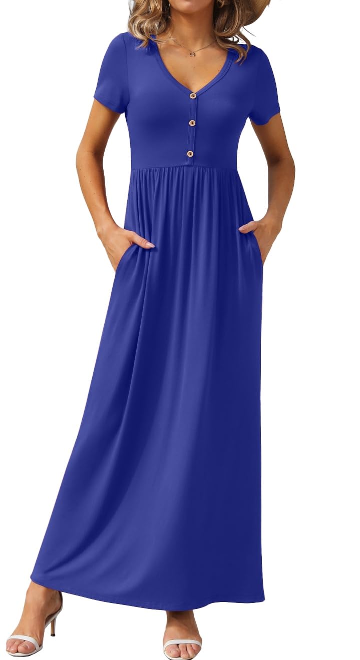 GRECERELLE Womens Summer Long Maxi Dresses 2026 Short Sleeve V Neck Casual Button Dress with Pockets