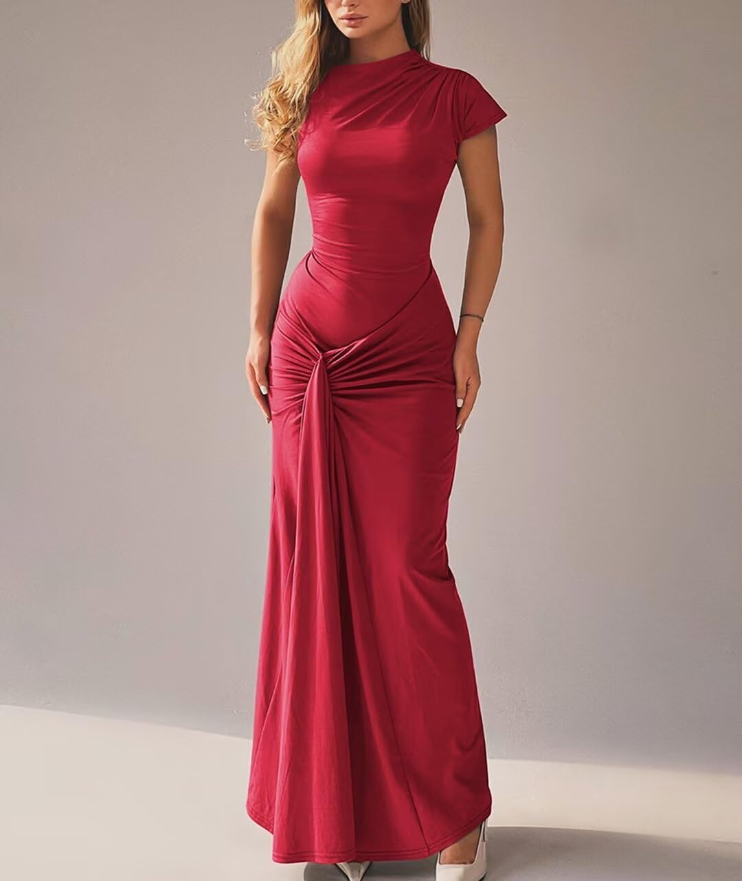 Mojessy Women Bodycon Maxi Dress Sexy Mock Neck Lace Up Bandage Ruched Short Sleeve Long Dress Cocktail Dress