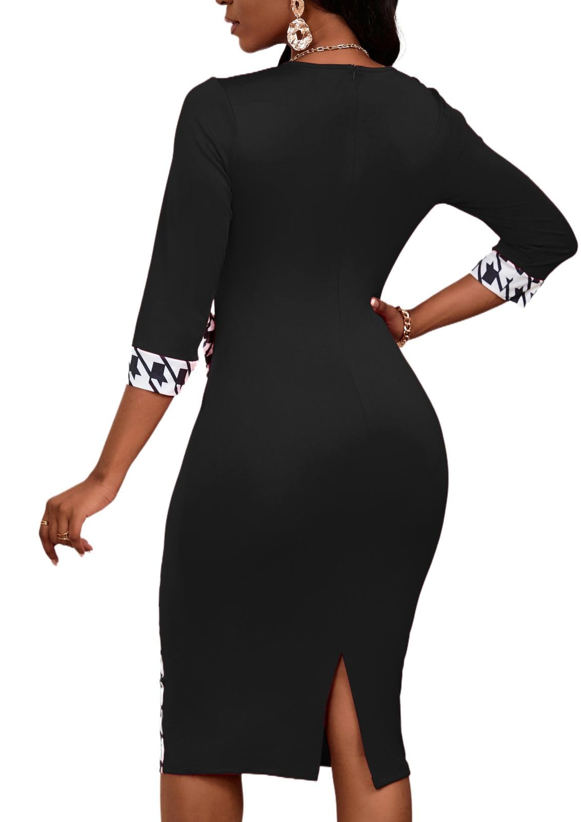 PerZeal Women's 3/4 Sleeve Round Neck Casual Houndstooth Bodycon Wear to Work Pencil Sheath Midi Dresses