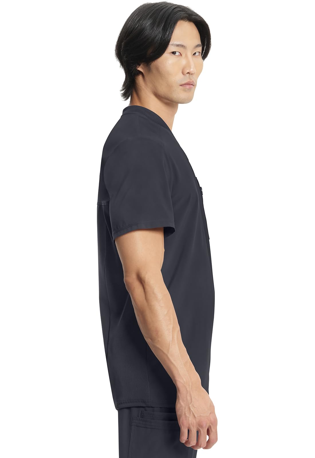 Cherokee Infinity Mens Tuckable V-Neck Scrub Top Modern Fit, 2 Pockets, Zip Chest Pocket, Rib-Knit, 360° Stretch – CK910A