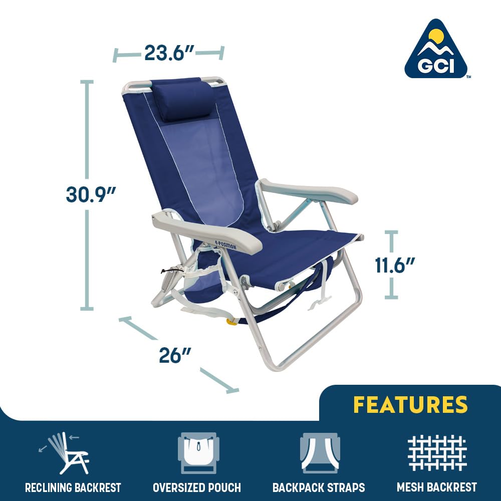 GCI Outdoor Sunshade Backpack Beach Chair | Reclining Folding Canopy Chair with Durable Armrests, Drink Holder & Carry Straps, Perfect for Beach Trips & Picnics — Saybrook Blue