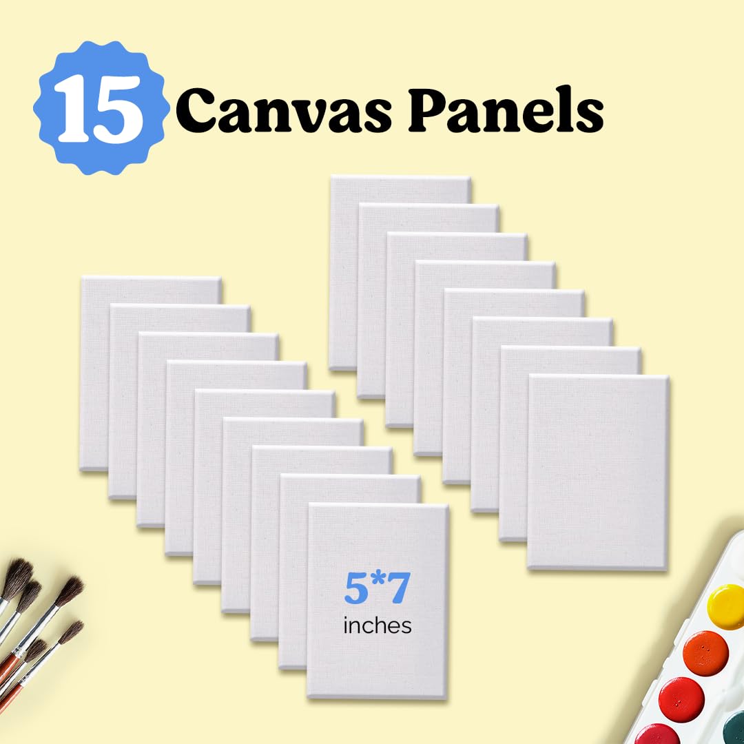 Chalkola Paint Canvas Panels 5x7 inch (15 Pack) for Acrylic Painting & Oil Art, Primed 100% Cotton Boards, Acid-Free for Professional Artists, Hobby Painters, Kids & Beginners