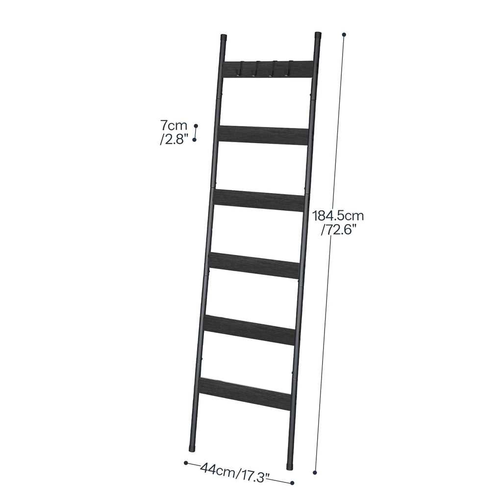 HOOBRO Blanket Ladder, 5-Tier Towel Rack with Hooks, Wall-Leaning Blanket Rack, Decorative Display Ladder Shelf, Scarves, Industrial, Living Room, Bedroom, Black BB52CJ01