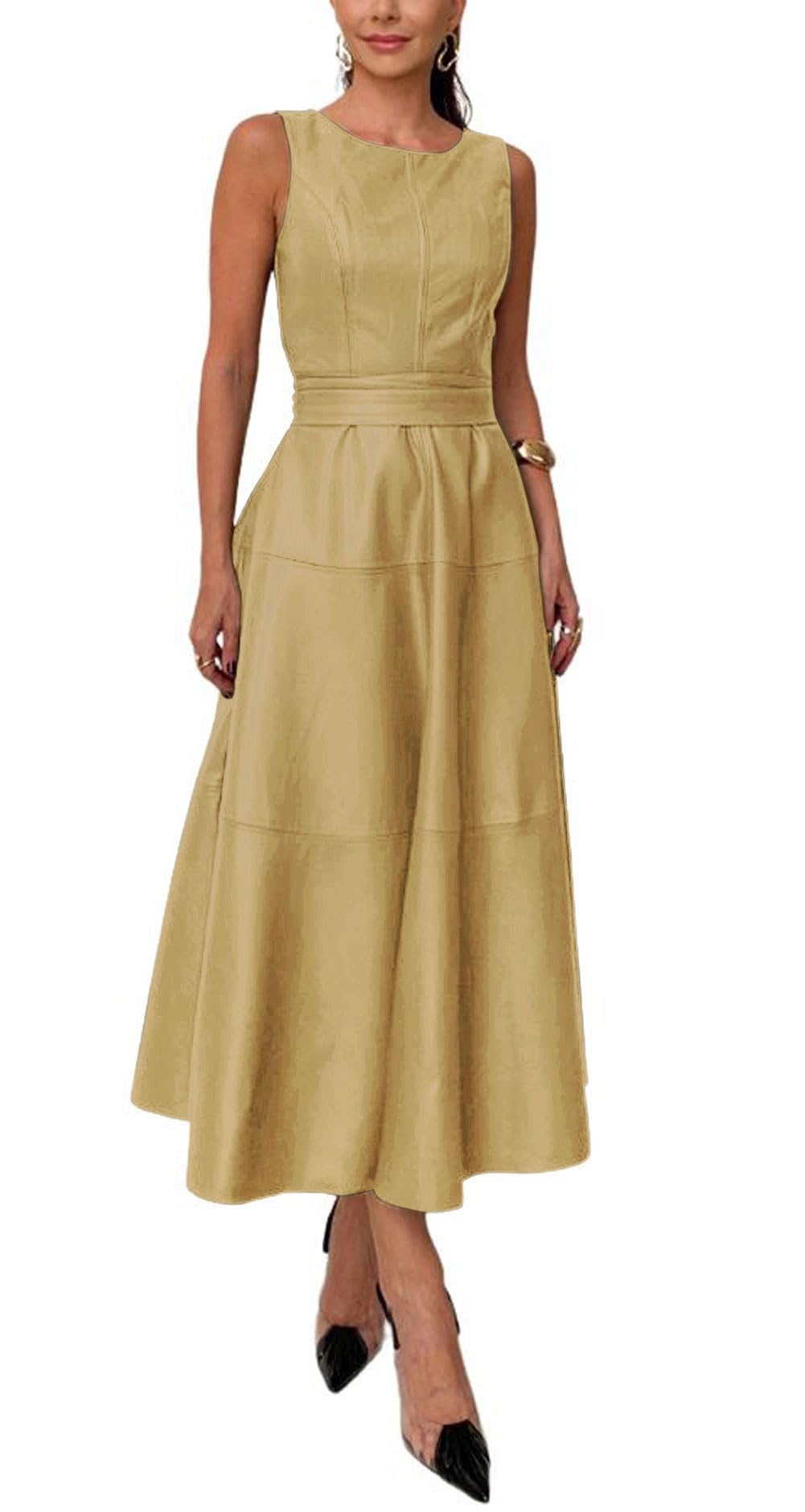 CHARTOU Women PU Faux Leather Sleeveless Elegant Flowy Long Dress Party Night Out Dress with Belt