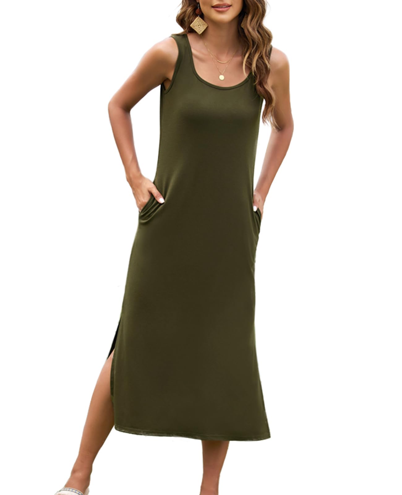 Naggoo Women's Sleevelee Tank Dress Midi Summer Casual Scoop Neck Basic Split Maxi Tshirt Sundresses with Pockets