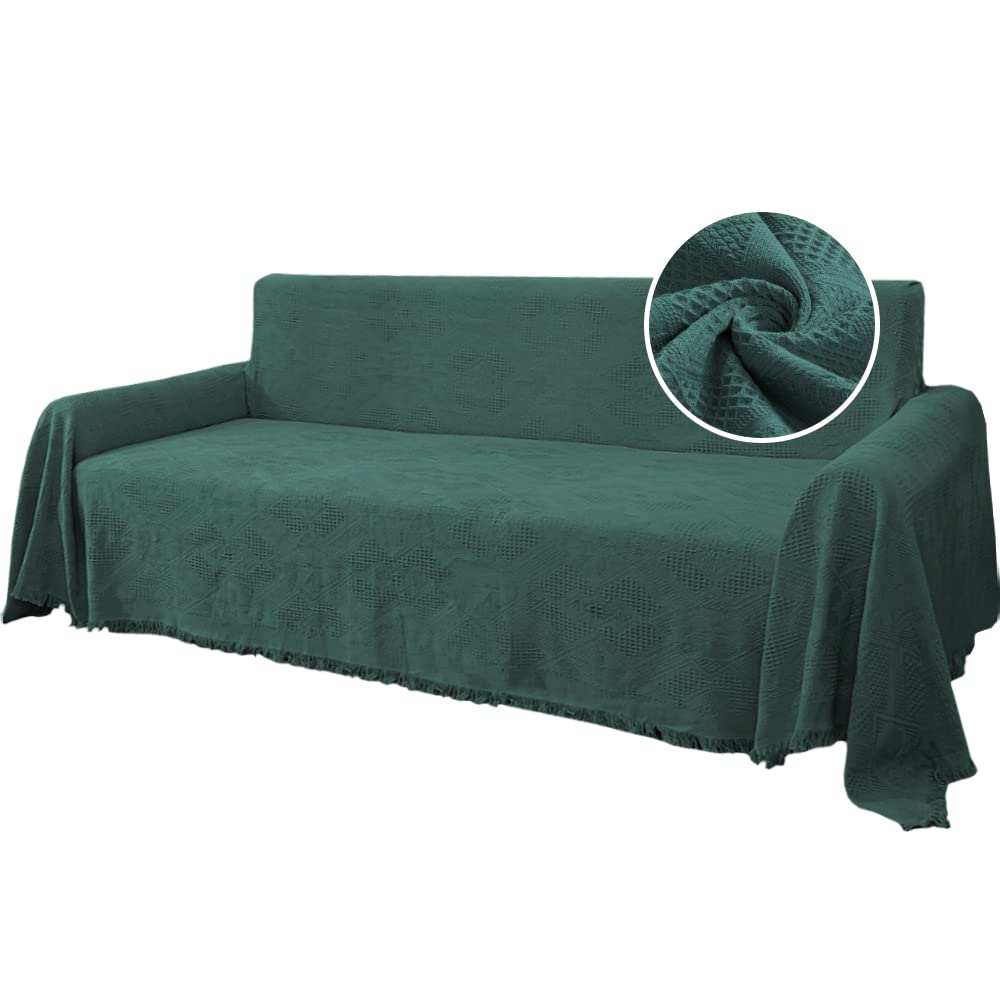 H.VERSAILTEX Cotton Sofa Covers Couch Cover Sofa Slipcover for Most Shape Sofas, Feature Thick Woven Jacquard Seamless with Tassels, Multi-Use Decorative for Couch (Medium: 71" x 91", Green)