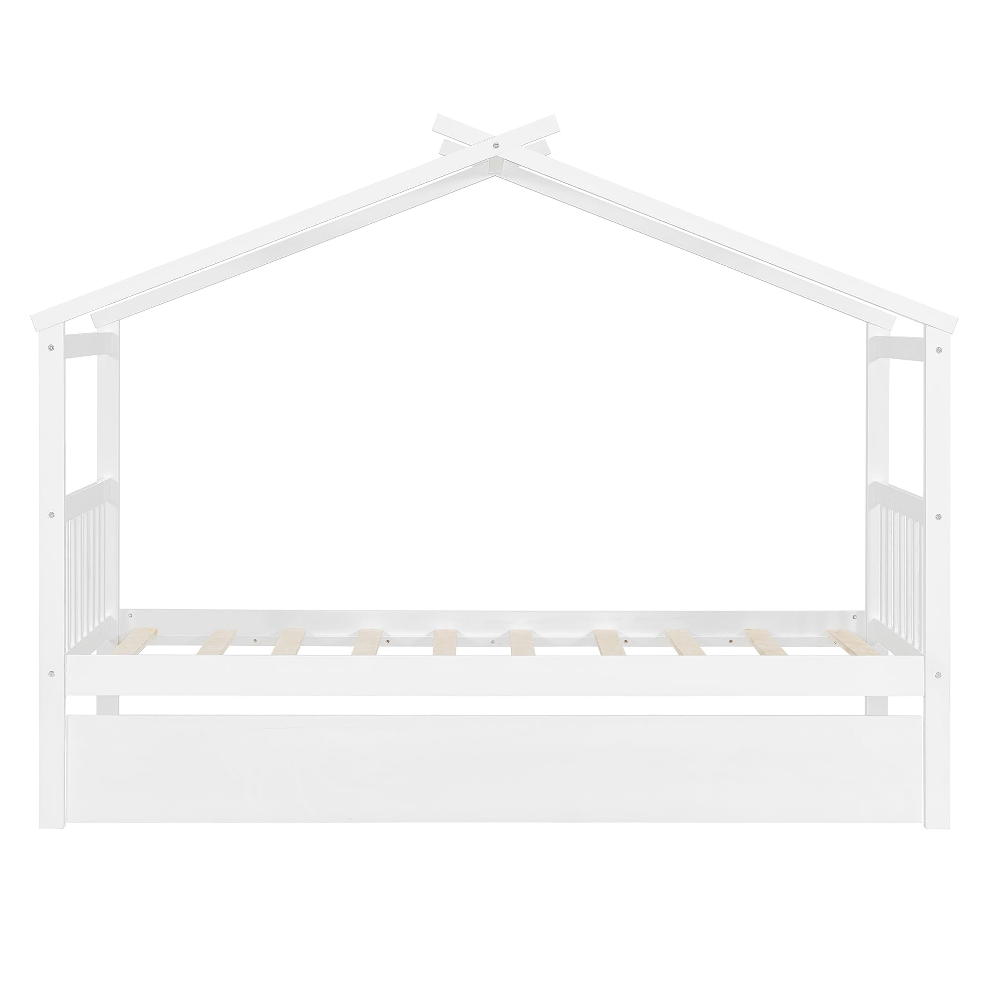 Merax Twin Size Wooden House Bed with Two Drawers, Wood Bed Frame with Roof for Kids, Teens, Boys or Girls, Grey