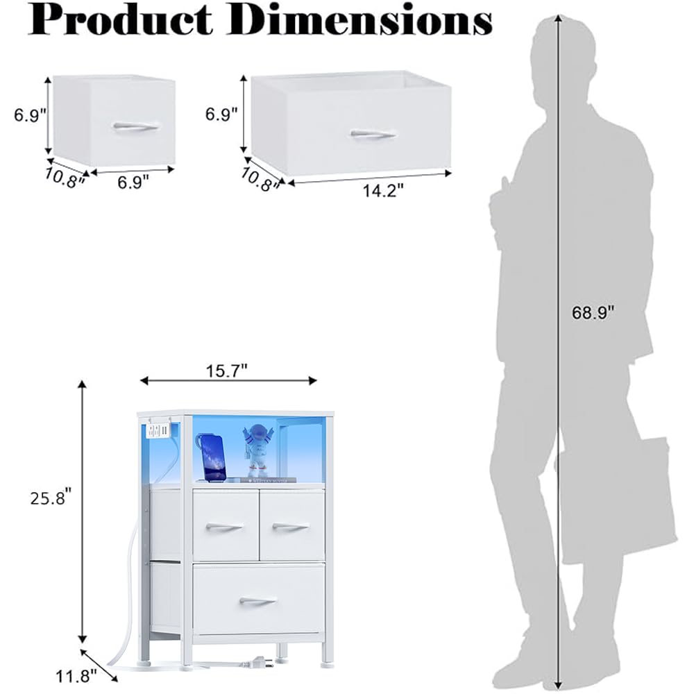 Furnulem Night Stand with Charging Station, LED, USB Ports and Outlets, Bedside Table with Fabric Bins, Nightstand with Open Shelf, Small Storage Side Table for Bedroom (3 Drawer, White)