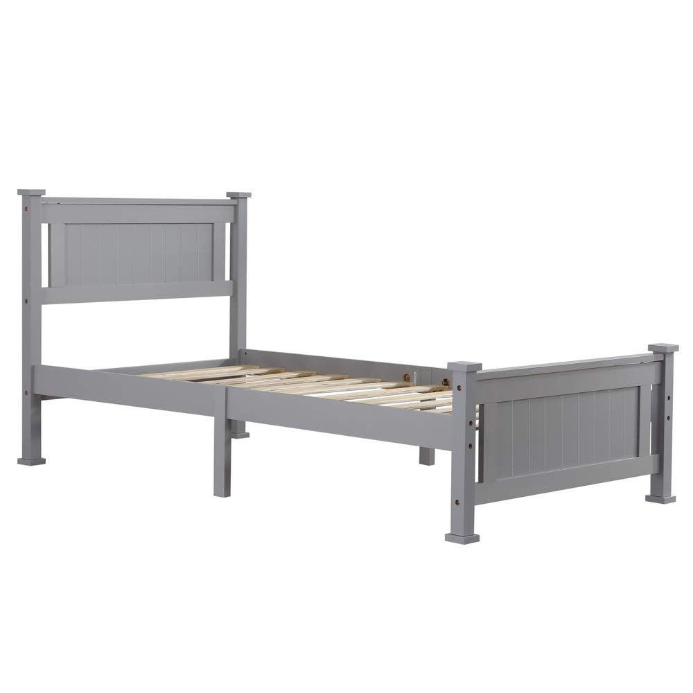 Bonnlo Twin Size Solid Wood Platform Bed Frame, Single Bed with Headboard, No Box Spring Needed Panel Bed, Wood Slat Support Mattress Foundation, White