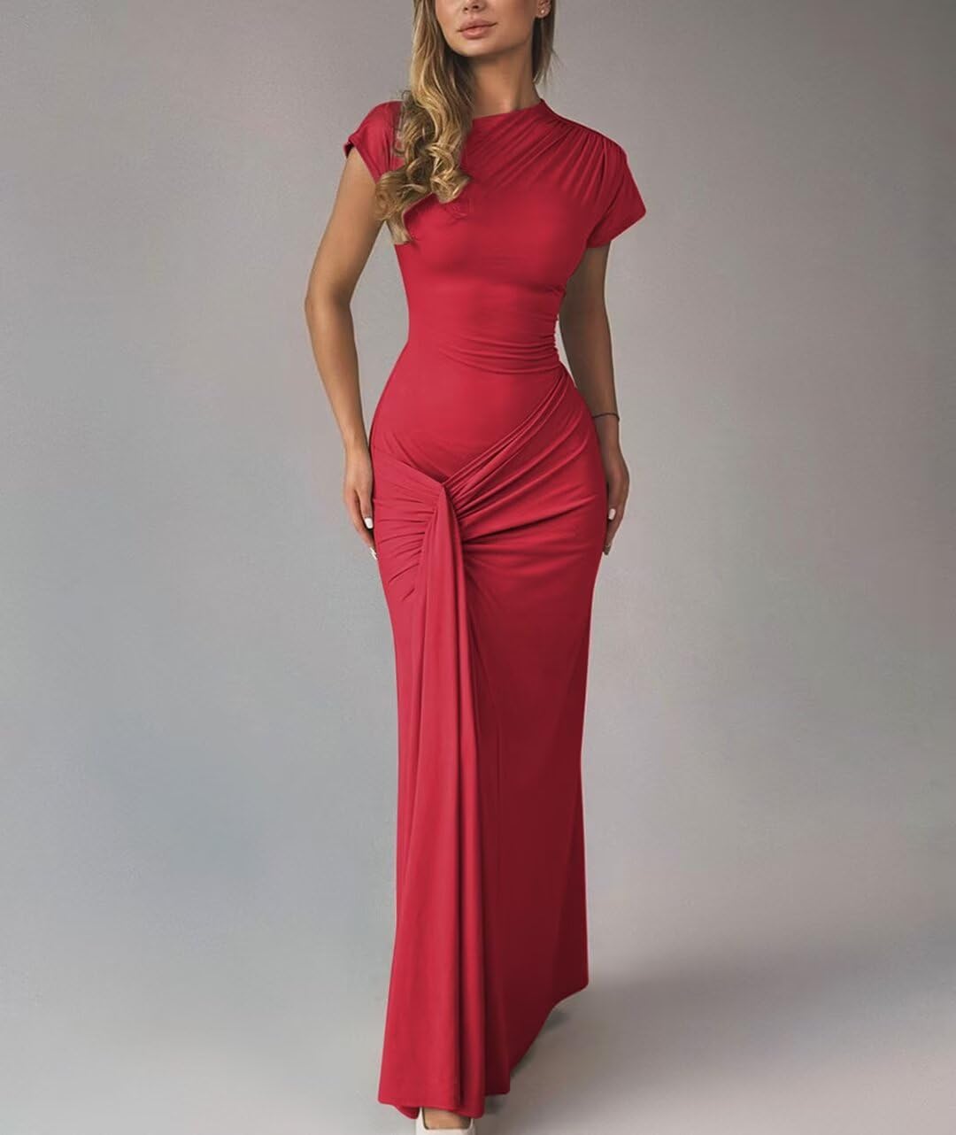 Mojessy Women Bodycon Maxi Dress Sexy Mock Neck Lace Up Bandage Ruched Short Sleeve Long Dress Cocktail Dress