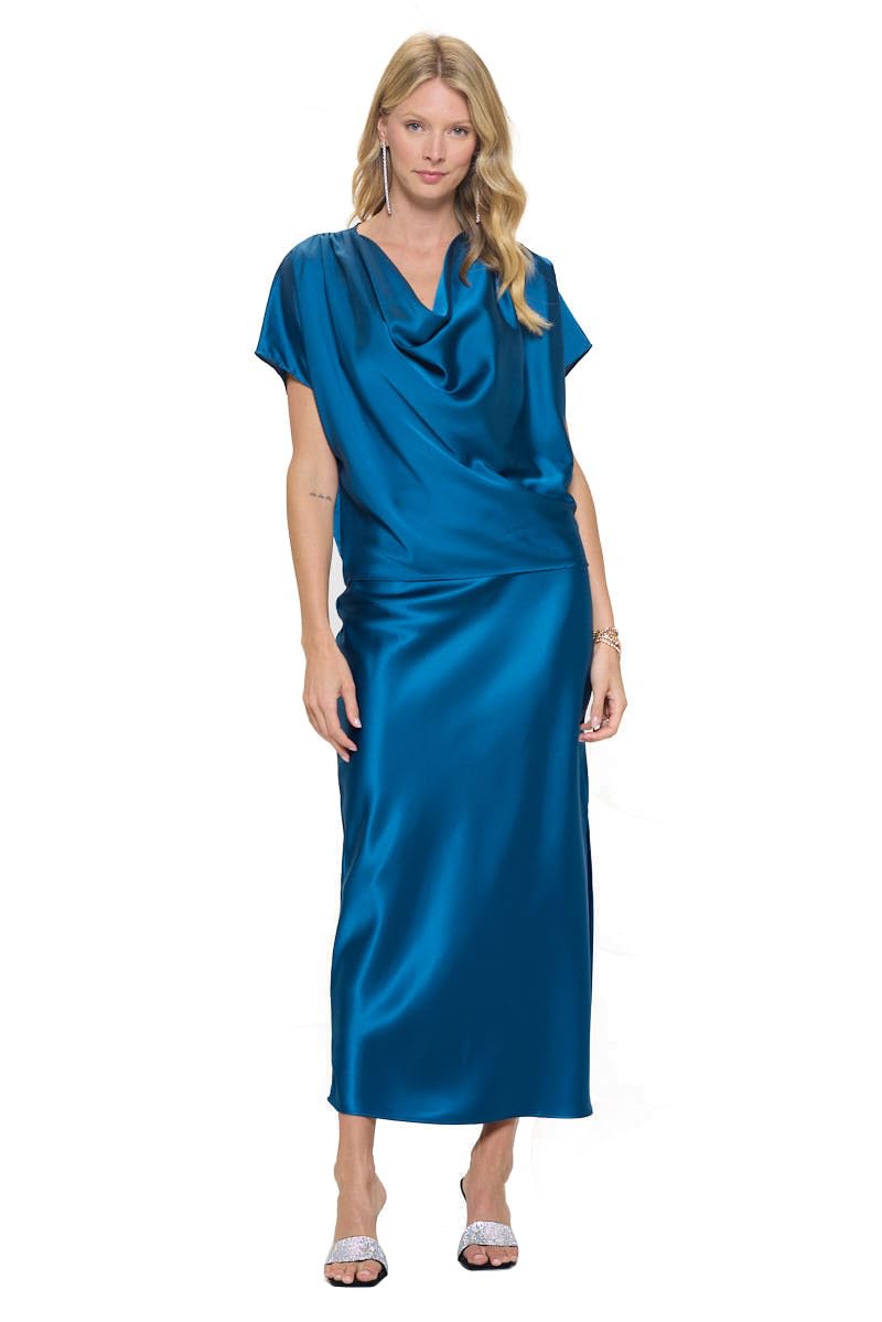 Women's Solid Satin High Waist Midi Long Skirt Hidden Elastic Waistband Skirt for Women-Made in USA