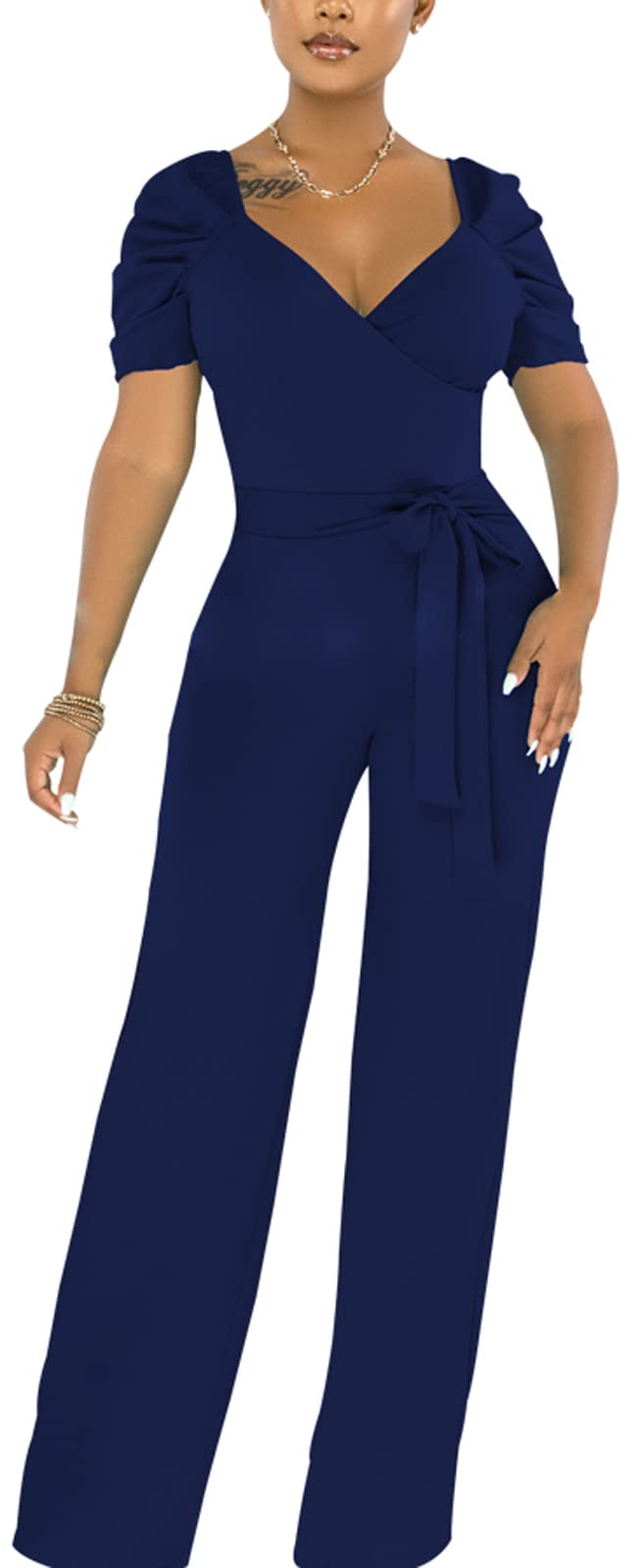 PaladMom Womens Elegant Plus Size Jumpsuits Sexy Back zipper Short Sleeve Mid Waist Wide Leg Straight Rompers