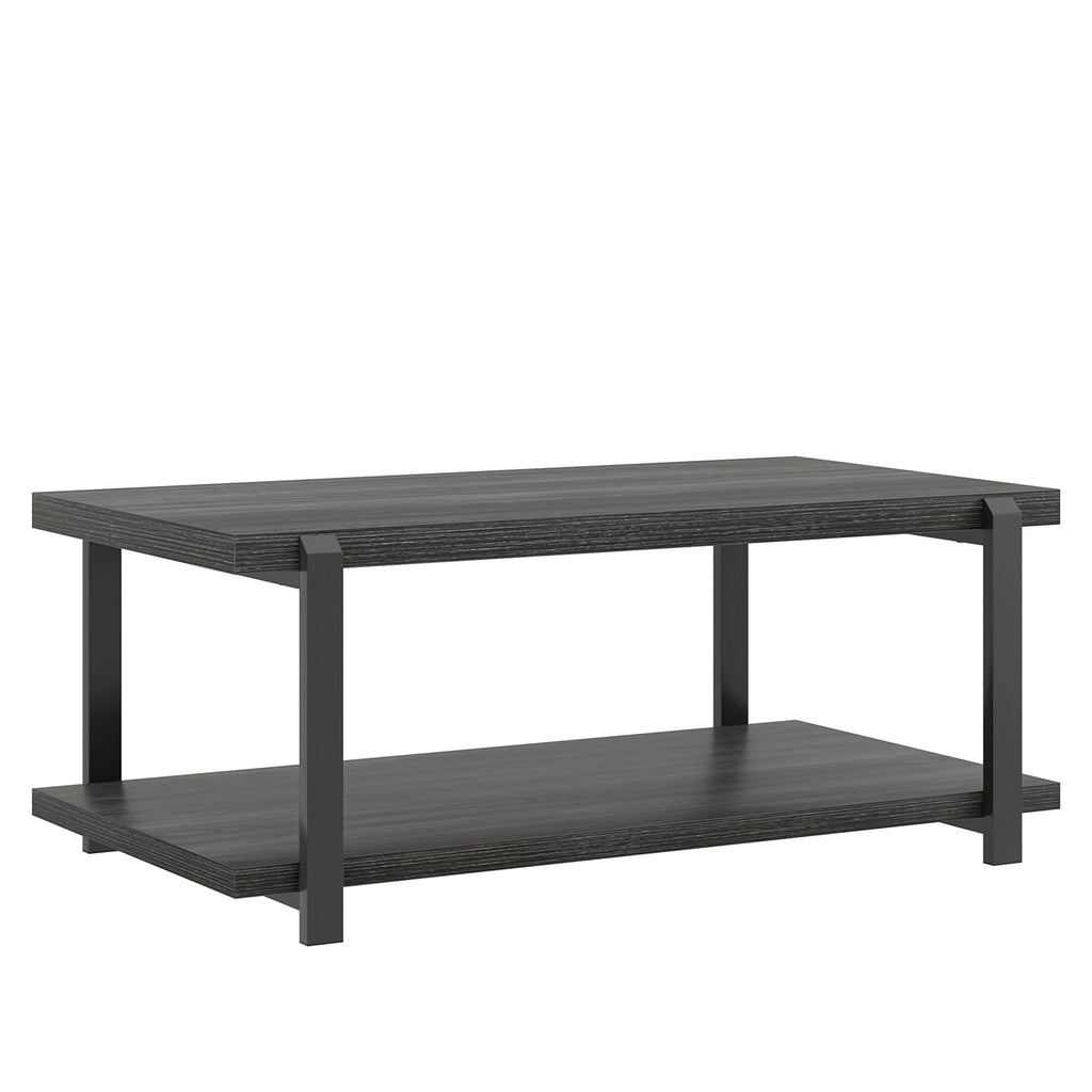 FOLUBAN Black Coffee Table, Modern Rustic Wood Center Table with Storage for Living Room, Industrial Rectangle 2 Tier Cocktail Tea Table, Black Oak