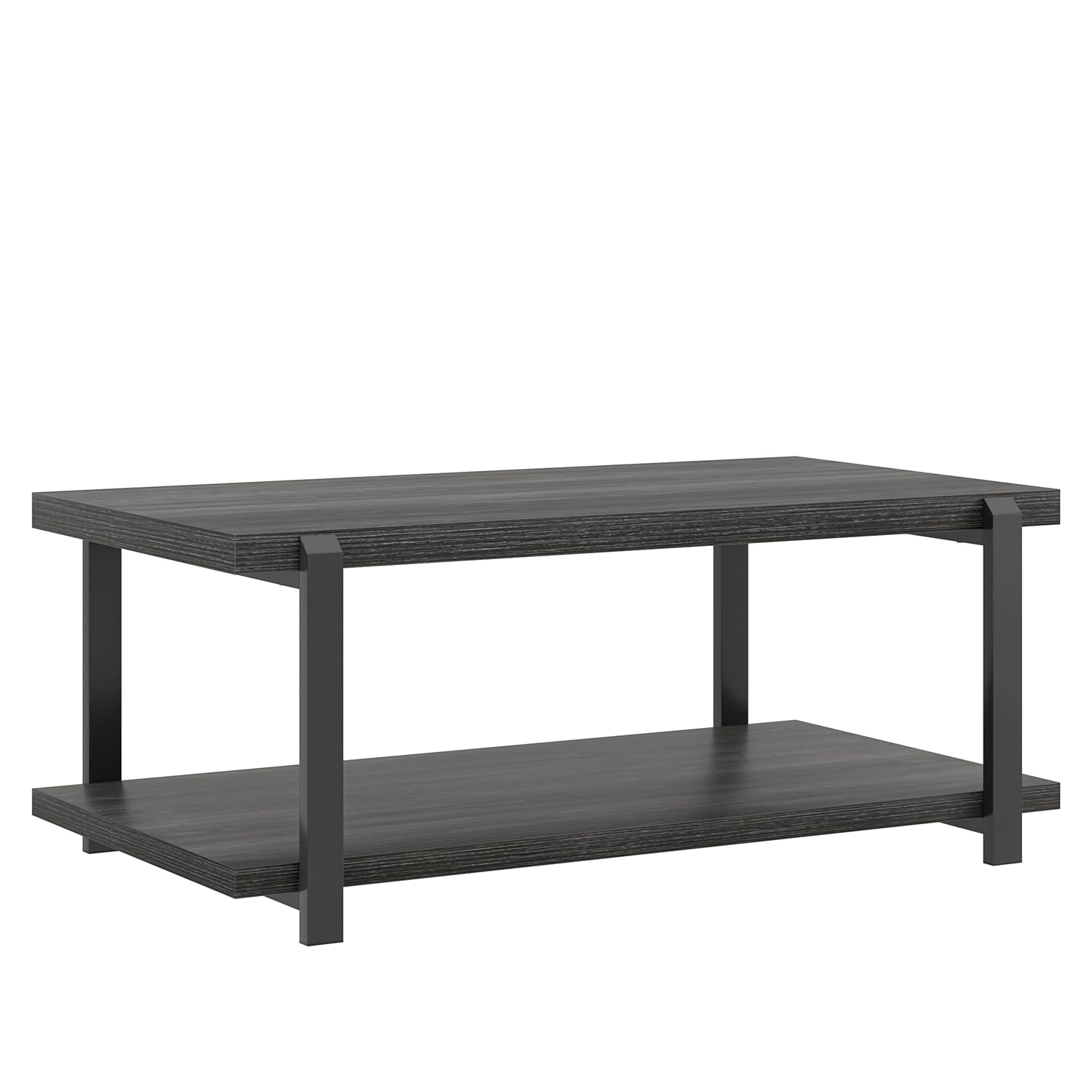 FOLUBAN Black Coffee Table, Modern Rustic Wood Center Table with Storage for Living Room, Industrial Rectangle 2 Tier Cocktail Tea Table, Black Oak